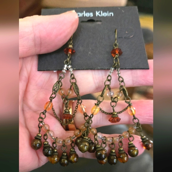 Charles Klein Jewelry - Charles Klein Orange & Gold Beaded Antiqed Chandelier Earrings